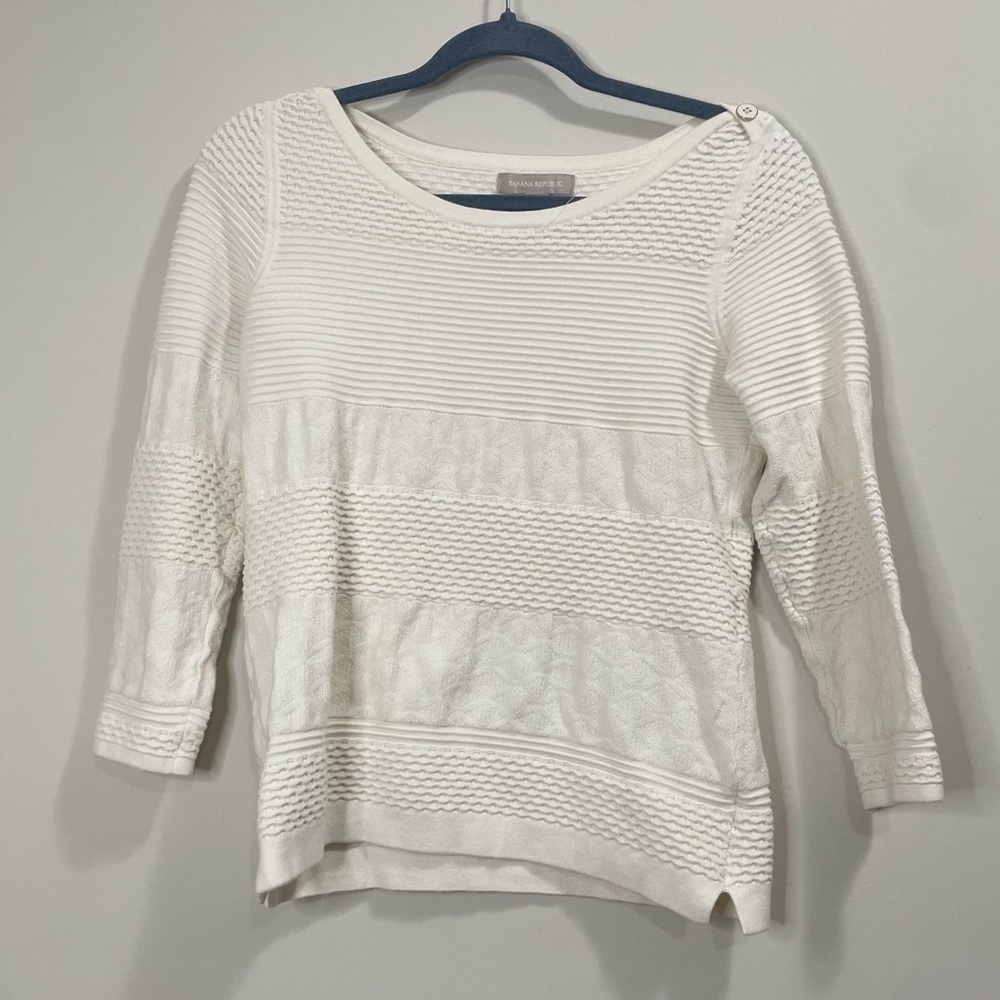 Banana republic cream ivory cotton high neck sweater w button shoulder